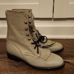 ​Vintage Cowtown White Leather Packer Boots Lace Up Western Kiltie Fringe 7.5